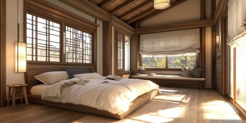 A bright and well lit bedroom with natural wood features