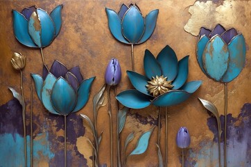Beautiful metal artwork featuring blue and gold flowers on a textured background