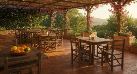 Fototapeta premium Charming Outdoor Restaurant Terrace with Wooden Furniture and Blooming Flowers