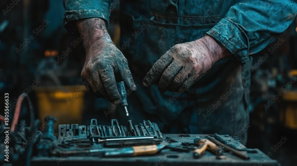 Poster a dirty mechanics hands are working with his many tools
