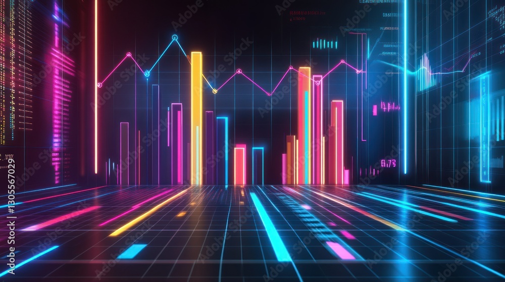 Poster Colorful neon illuminated financial data graph displaying several statistics visually
