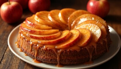 Fototapeta premium Delicious apple cake with inviting mood topped with caramel glaze on a rustic table