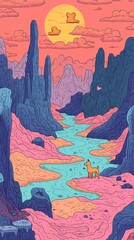 A colorful illustration depicts a dog next to a flowing river