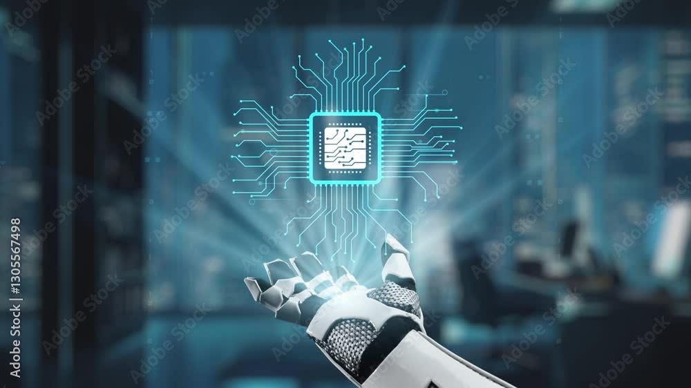 Poster a close-up view of a robotic hand extending towards a luminous microchip surrounded by data connecti