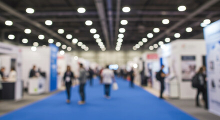 Blurred motion of people at a global business trade show.