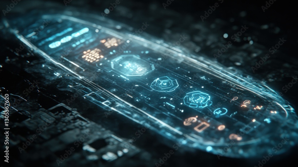 Poster a glowing futuristic digital interface displays information and controls