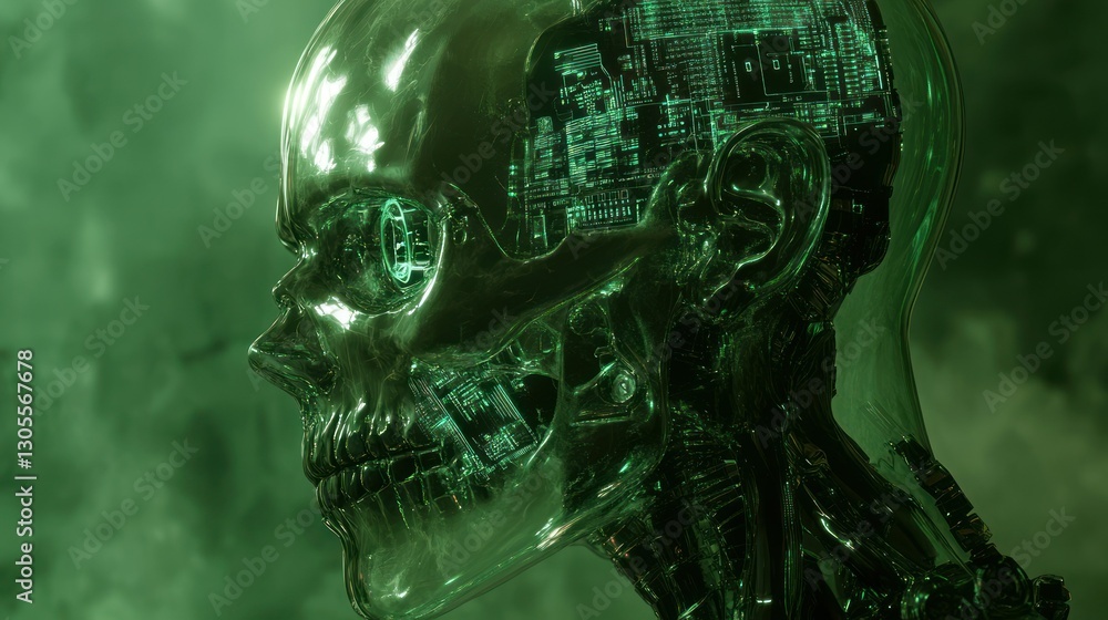 Poster metallic cyborg head with internal circuitry appearing in green light