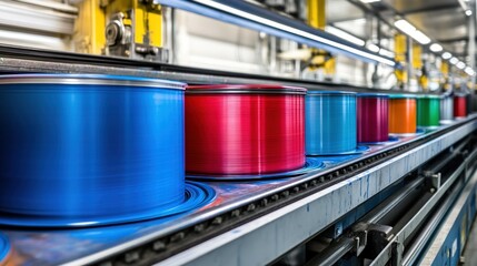 Colorful spools of wire on a manufacturing production line