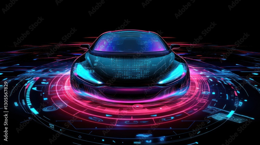 Poster futuristic car surrounded by electronic data visualization elements