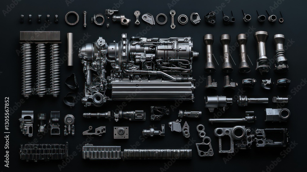 Poster An Overhead View Displaying Disassembled Engine Components On Black