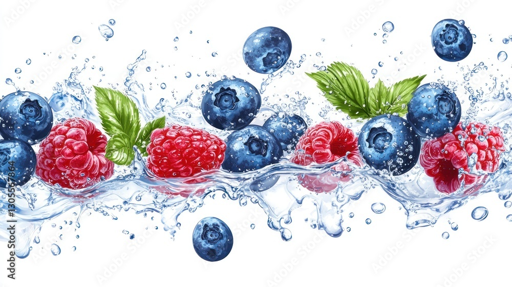 Poster fresh berries and water splash displayed on a white background