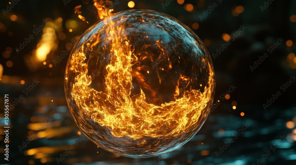 Poster An enclosed sphere experiencing intense fiery burning within a transparent surface