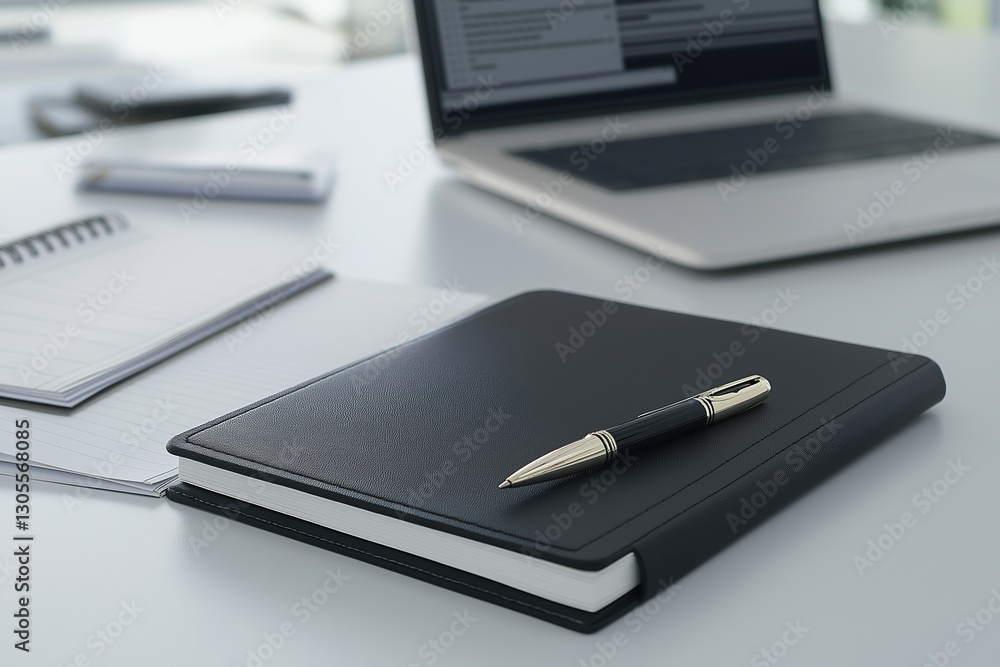 Poster Notebook and pen placed on a desk next to a laptop in a modern workspace
