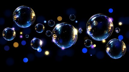 Floating iridescent bubbles shimmering on a black background design