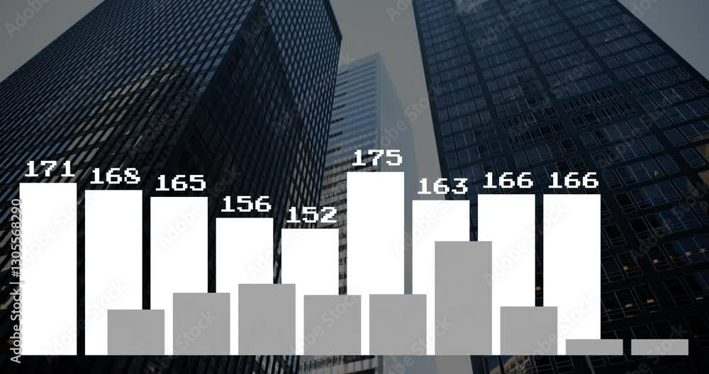 Poster animation of bar graph over skyscrapers in urban cityscape displaying data