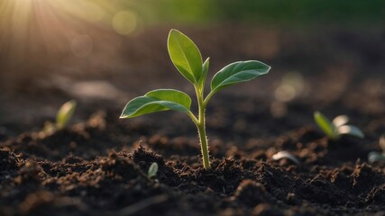 Fototapeta premium Fresh green seedling growing in rich soil at sunrise