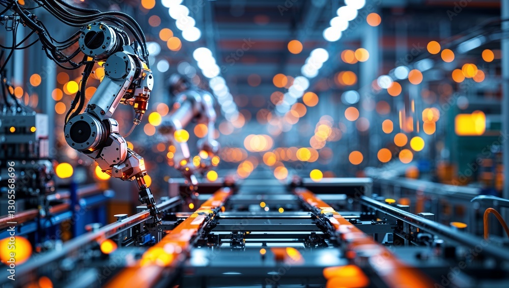 Poster robotic arms operate in a modern manufacturing facility during an efficient assembly line process at