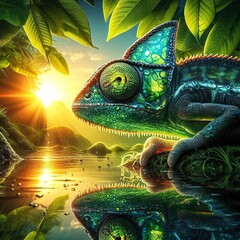 Chameleon near water at sunrise