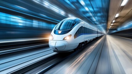 Fototapeta premium Modern high-speed train speeding through tunnel, motion blur effect emphasizes its velocity.