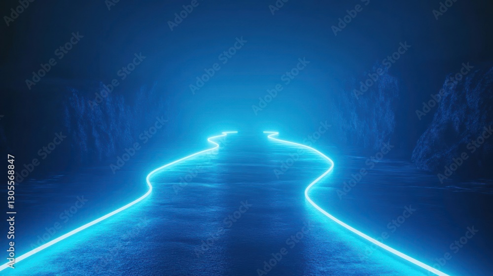 Poster a glowing blue path leads through a dark cave structure