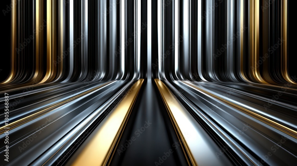 Poster Abstract rendering of metallic vertical lines across a curved surface