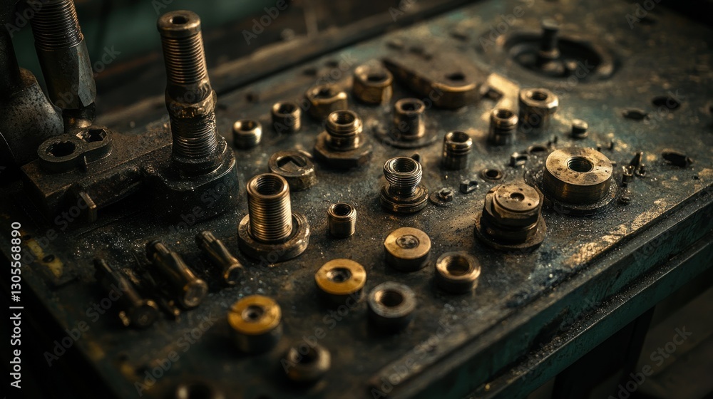 Poster An array of various metal components on a rough working surface
