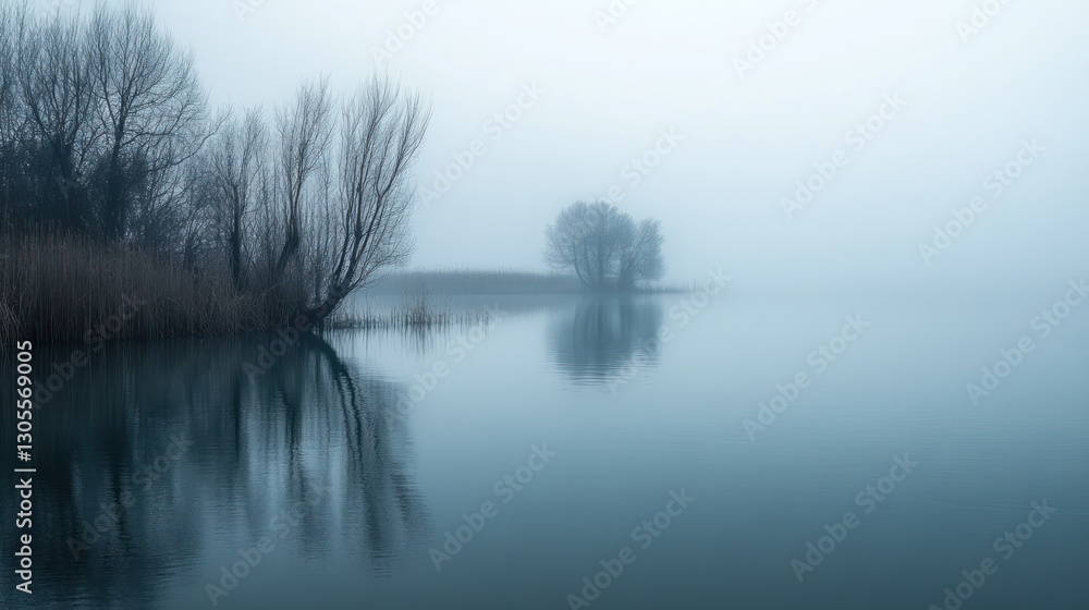 Poster the tranquil lake with trees and their reflections in the fog