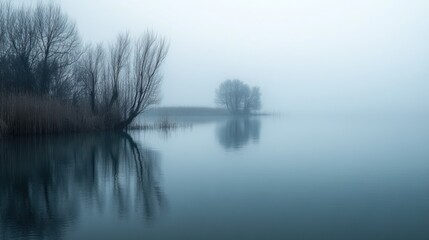 The tranquil lake with trees and their reflections in the fog