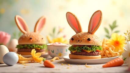 Cute Easter bunny-shaped mini burgers with carrot fries, perfect for festive food promotions