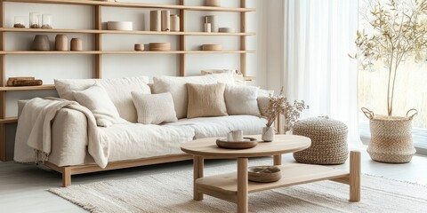 A comfortable and modern living room interior design arrangement is displayed