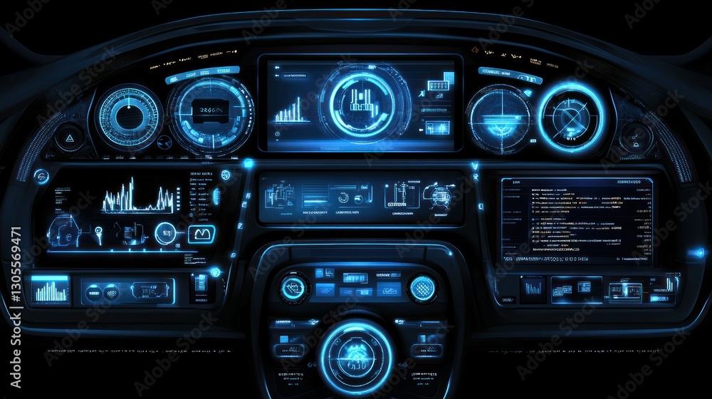Poster the futuristic dashboard displays data using digital blue colored lights
