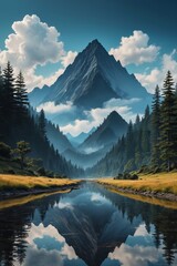 mountains and trees are reflected in a still - flowing river