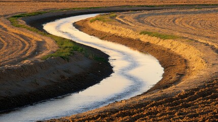 A meandering stream flows through a cultivated agricultural field