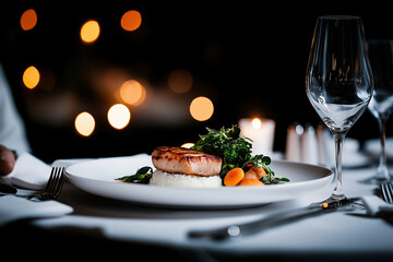Elegant dining with salmon, vegetables, and rice in a refined setting