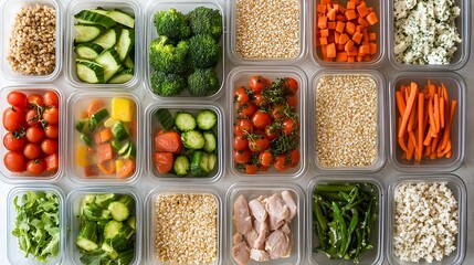 Balanced meal prepping station with portioned containers of veggies proteins and whole grains promoting healthy dietary choices