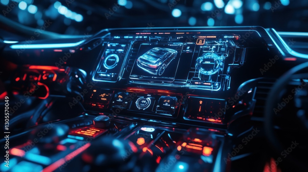 Poster the futuristic vehicle dashboard shows futuristic controls and displays