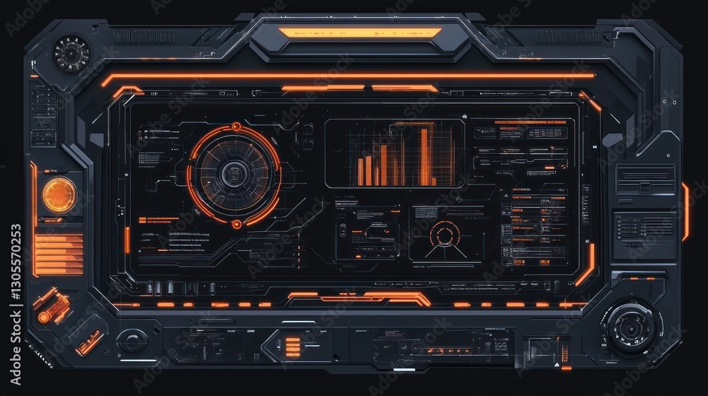 Poster futuristic digital display with orange lighting and a dark design