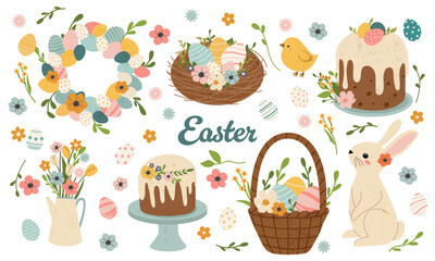 Set of flat vector illustrations in children's style on the theme of Easter holidays. Cute bunny, chick, Easter eggs, nest, basket, cakes and flowers.
