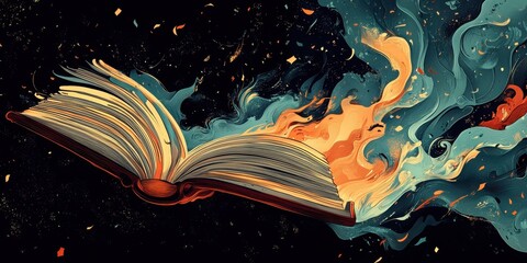 An open book releases vibrant colors and dynamic swirling elements