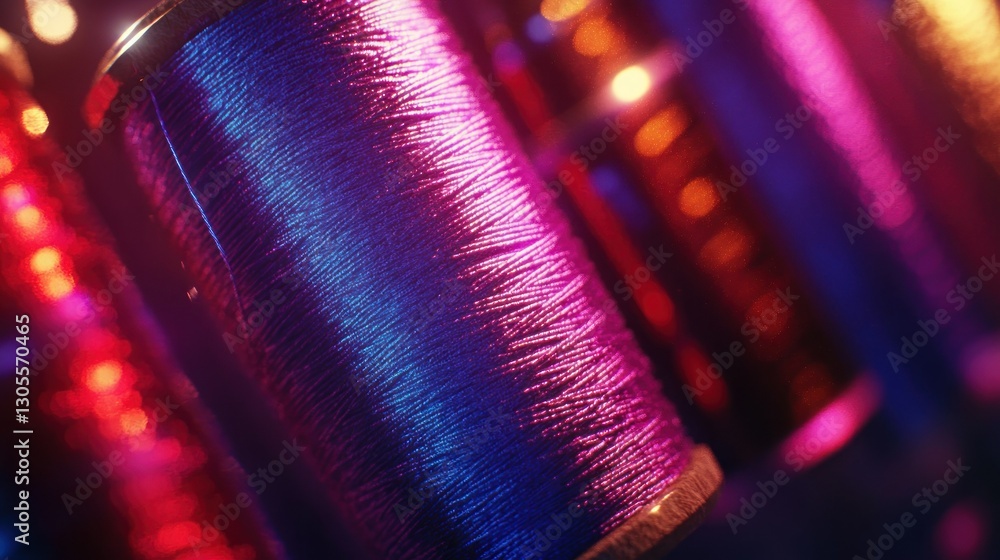Poster Several spools of colorful thread illuminated by different light colors