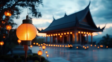 Fototapeta premium religious celebrations, at dusk, a brightly lit buddhist temple adorned with vesak day decorations, including colorful lamps and fresh flowers, exudes peaceful beauty