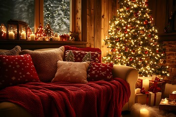 Cozy Christmas cabin living room scene