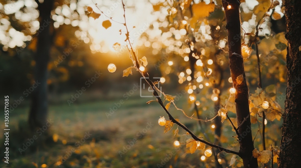 Poster Autumn light shining through tree branches with string lights