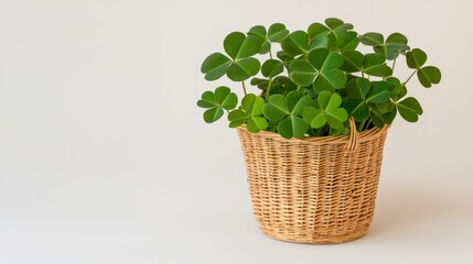 Fototapeta premium Minimalist Wicker Basket with Fresh Clover Sprouts