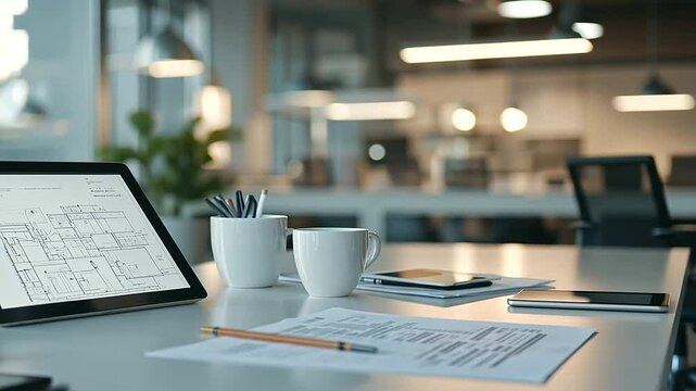Visualize engineers working in modern office, discussing and refining engineering plans displayed on digital tablets and printed blueprints, with coffee mugs and tools on the table