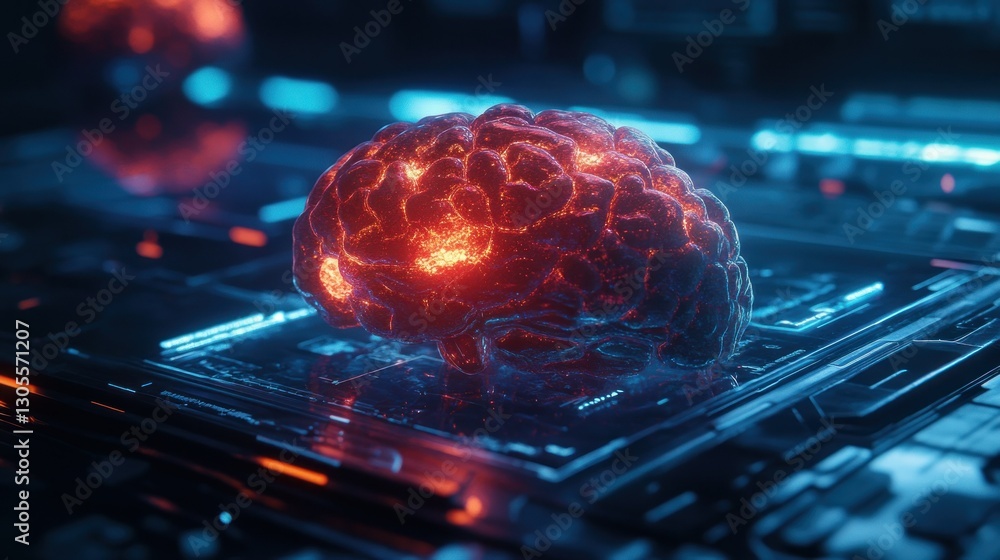Poster Digital Render Of A Futuristic Glowing Brain With Technology
