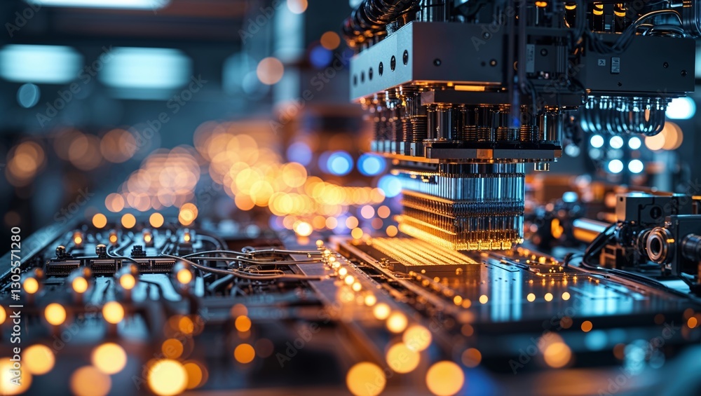 Poster advanced machinery operates on a manufacturing line with glowing lights and intricate components in 