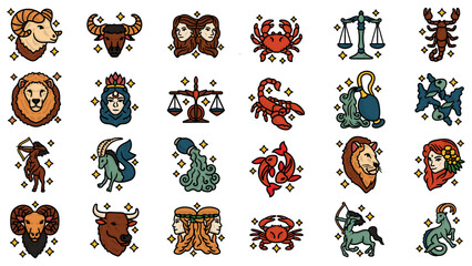 Zodiac Signs: A colorful collection of zodiac symbols and astrological signs, each representing different personality traits, elements, and dates, create a vibrant display of celestial imagery.