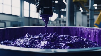 Purple viscous substance being added to a large container currently