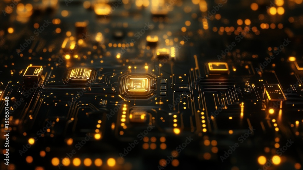 Poster illuminated circuitry with bright golden lights and components detail